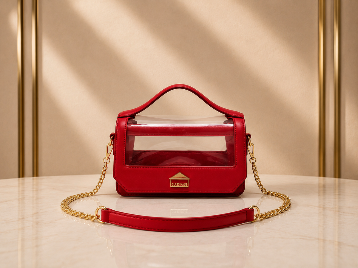 Clarity transparent top handle bag in red leather with gold chain