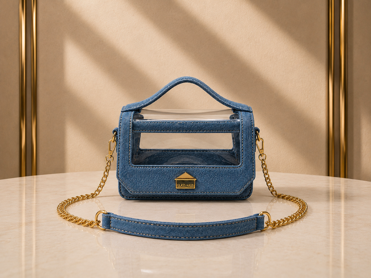 Clarity transparent top handle bag in regular denim with gold chain